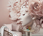Paper Flower Woman Wallpaper : Blush 3D Floral Portrait Mural - View 5