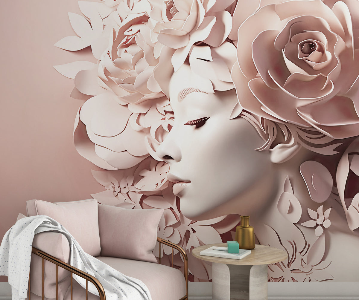 Paper Flower Woman Wallpaper : Blush 3D Floral Portrait Mural - View 5