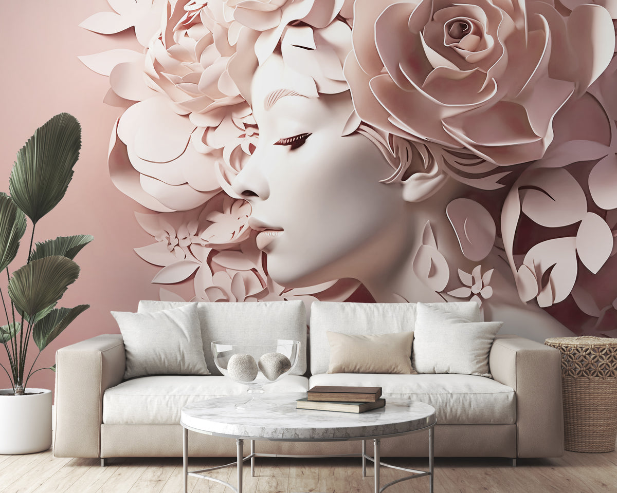 Paper Flower Woman Wallpaper : Blush 3D Floral Portrait Mural - View 4