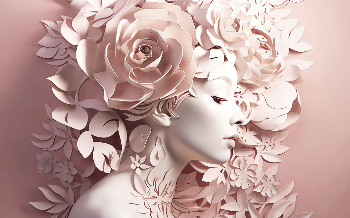 Paper Flower Woman Wallpaper : Blush 3D Floral Portrait Mural - flat design
