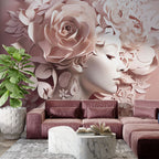 Paper Flower Woman Wallpaper : Blush 3D Floral Portrait Mural - View 2