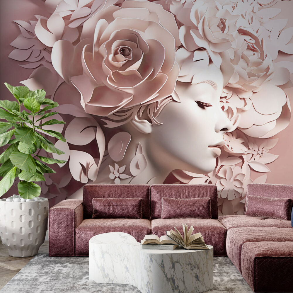 Paper Flower Woman Wallpaper : Blush 3D Floral Portrait Mural - View 2