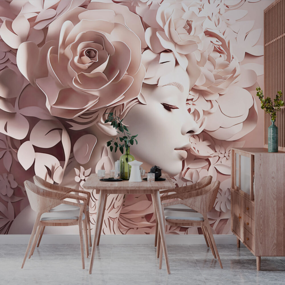 Paper Flower Woman Wallpaper : Blush 3D Floral Portrait Mural - View 3