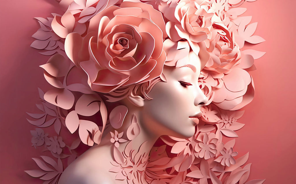 Pink Floral Woman Wallpaper : 3D Sculpted Portrait Mural - View 2