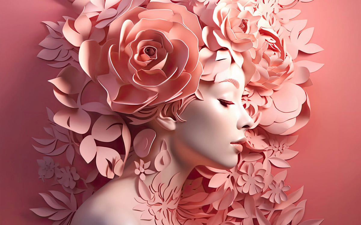 Pink Floral Woman Wallpaper : 3D Sculpted Portrait Mural - View 2