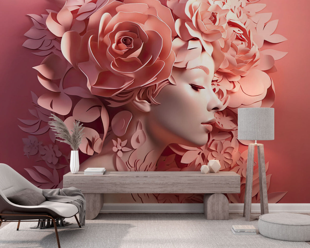 Pink Floral Woman Wallpaper : 3D Sculpted Portrait Mural - View 3
