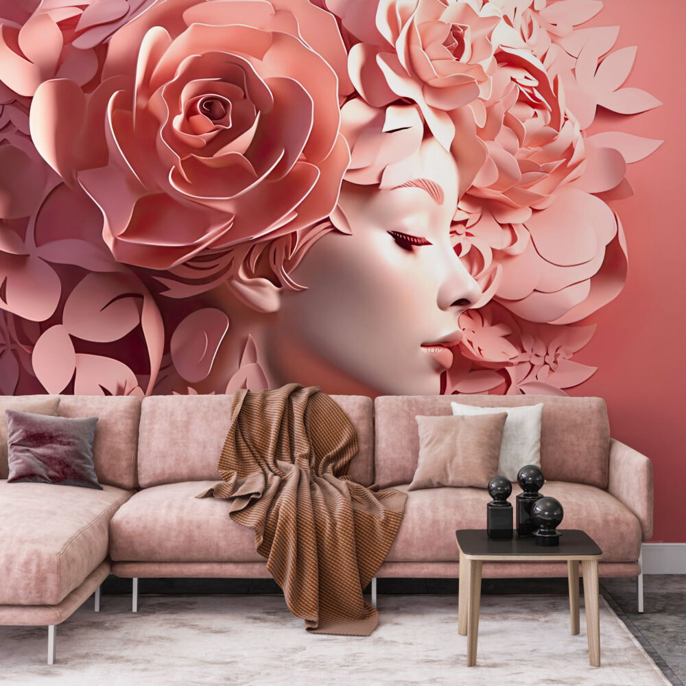 Pink Floral Woman Wallpaper : 3D Sculpted Portrait Mural - View 4