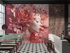 Pink Floral Woman Wallpaper : 3D Sculpted Portrait Mural
