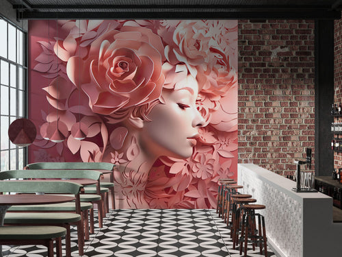 Pink Floral Woman Wallpaper : 3D Sculpted Portrait Mural