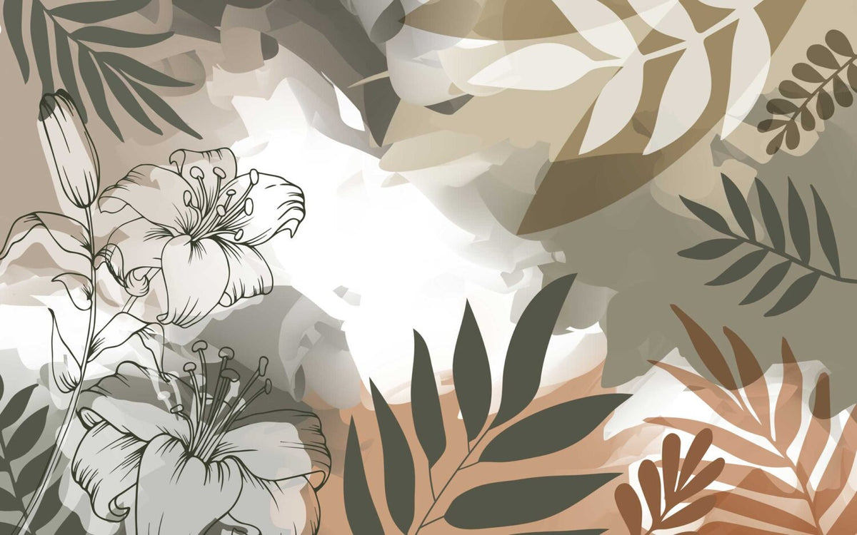 Boho Lily Wallpaper : Line Art Leaves and Earth Tones Mural - flat design