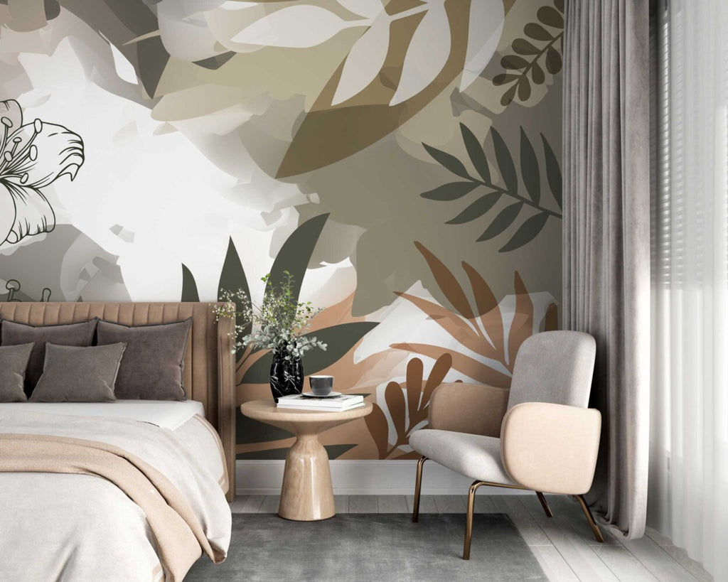 Boho Lily Wallpaper : Line Art Leaves and Earth Tones Mural - View 2