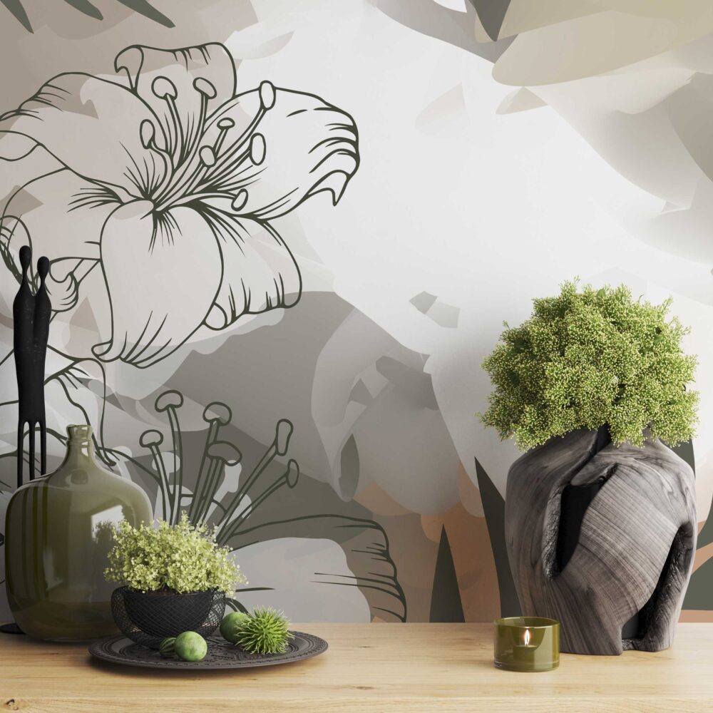 Boho Lily Wallpaper : Line Art Leaves and Earth Tones Mural - View 3