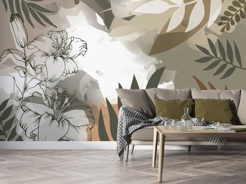 Boho Lily Wallpaper : Line Art Leaves and Earth Tones Mural - View 4