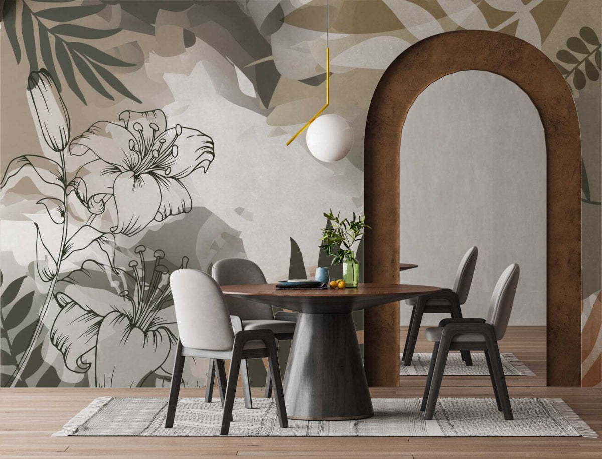 Boho Lily Wallpaper : Line Art Leaves and Earth Tones Mural