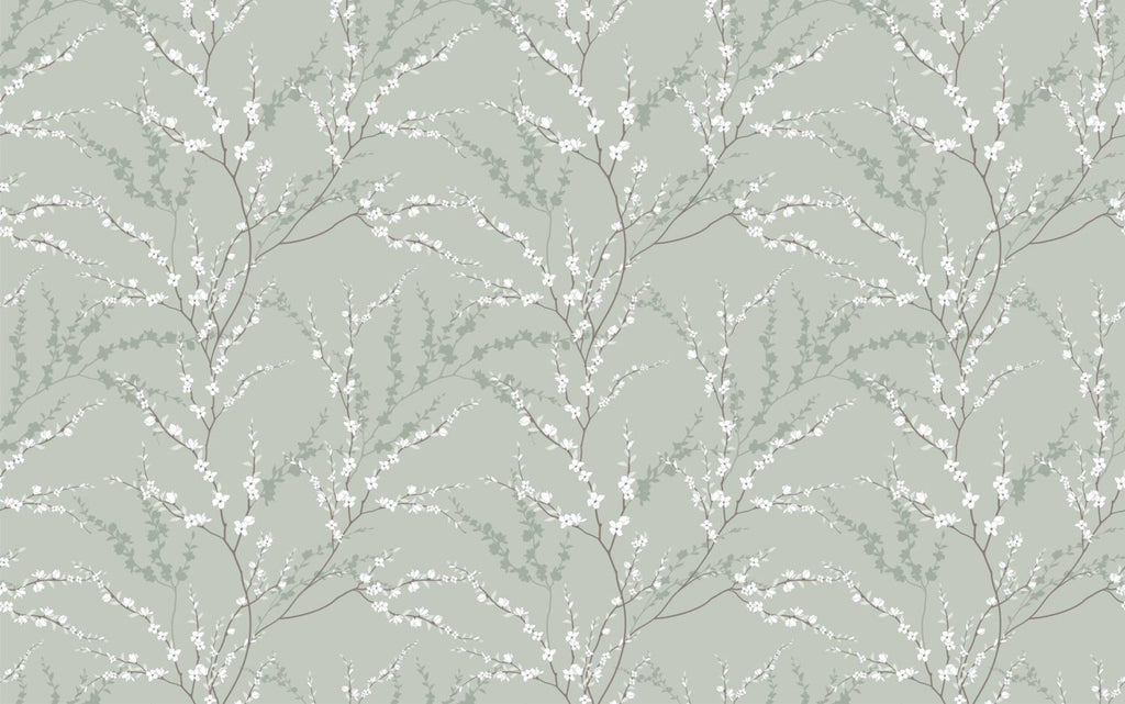 Sage Blossom Branch Wallpaper : Delicate Spring Pattern Mural - flat design