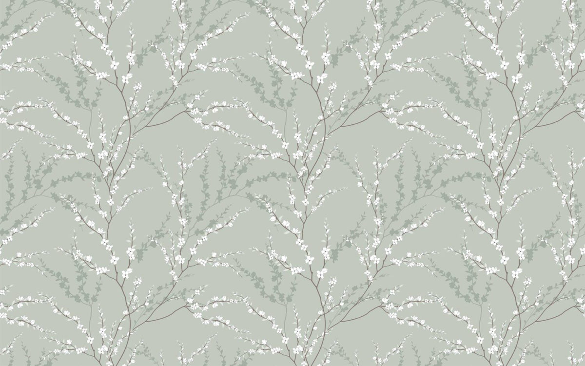 Sage Blossom Branch Wallpaper : Delicate Spring Pattern Mural - flat design