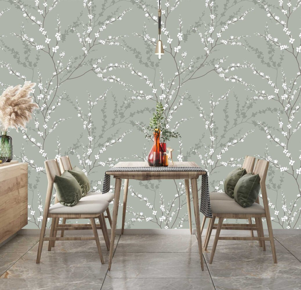 Sage Blossom Branch Wallpaper : Delicate Spring Pattern Mural - View 2