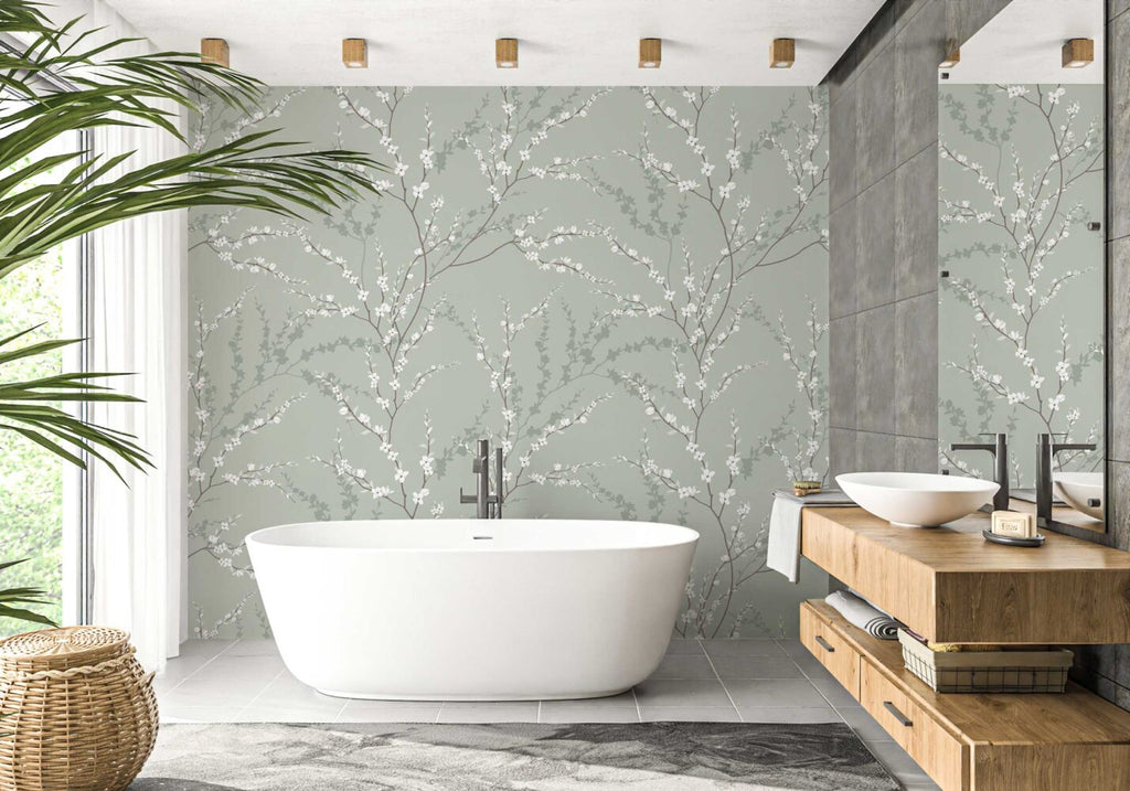 Sage Blossom Branch Wallpaper : Delicate Spring Pattern Mural - View 3