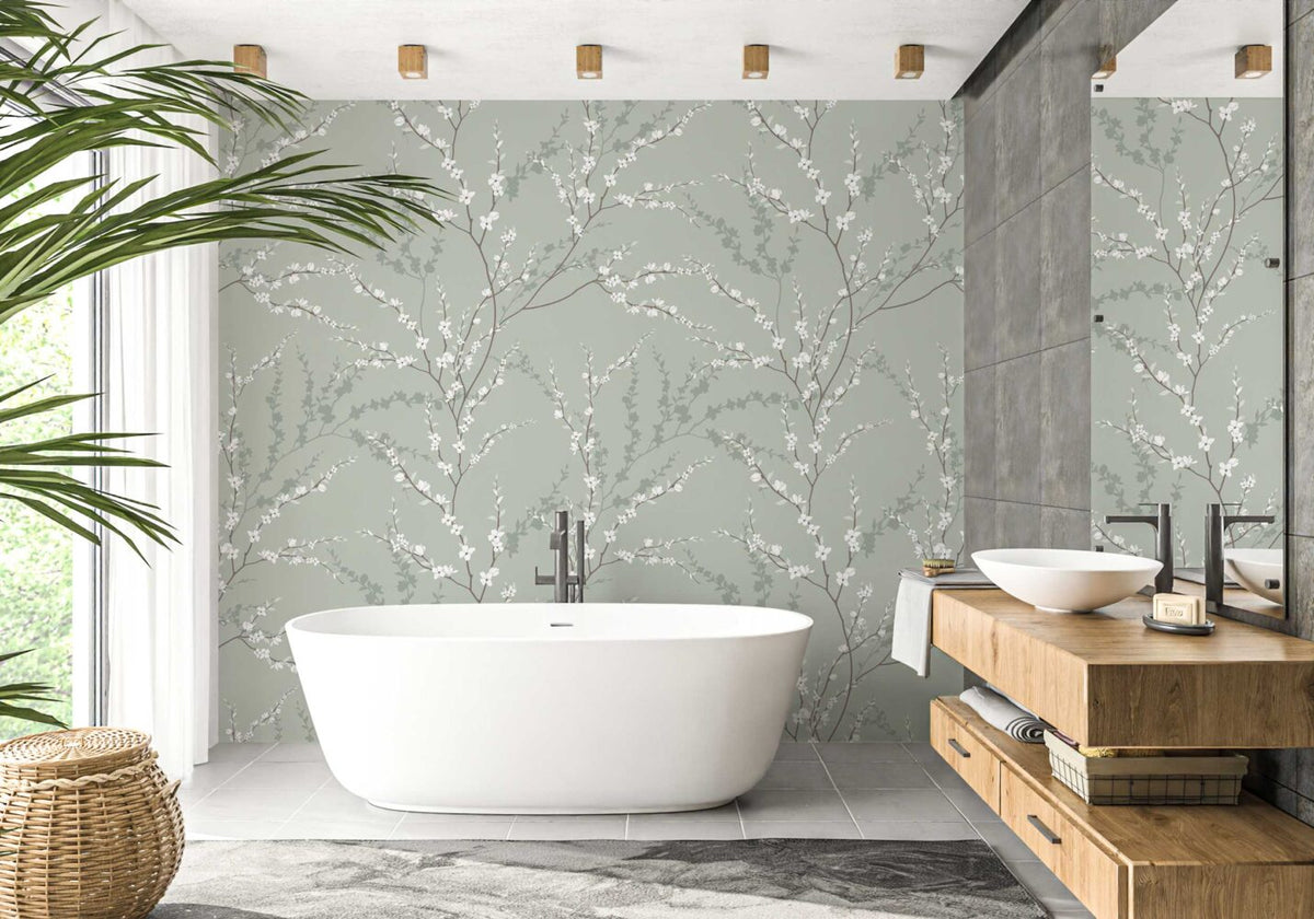 Sage Blossom Branch Wallpaper : Delicate Spring Pattern Mural - View 3