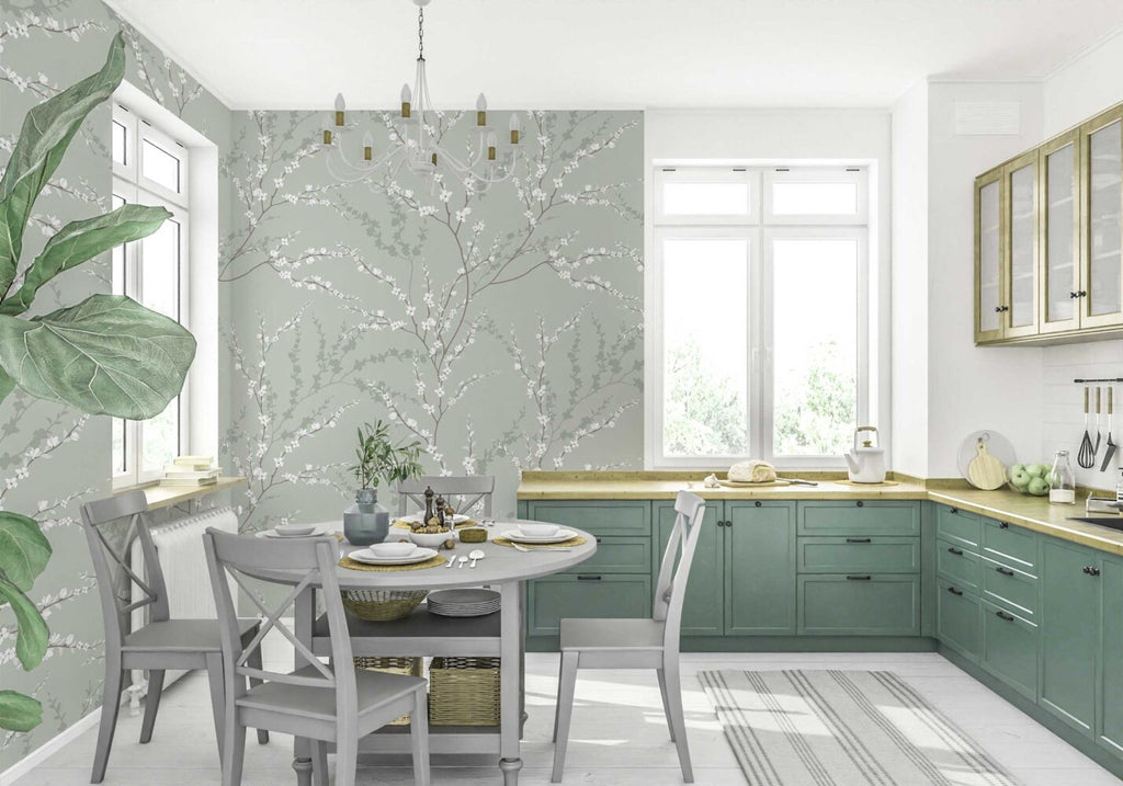 Sage Blossom Branch Wallpaper : Delicate Spring Pattern Mural - View 4