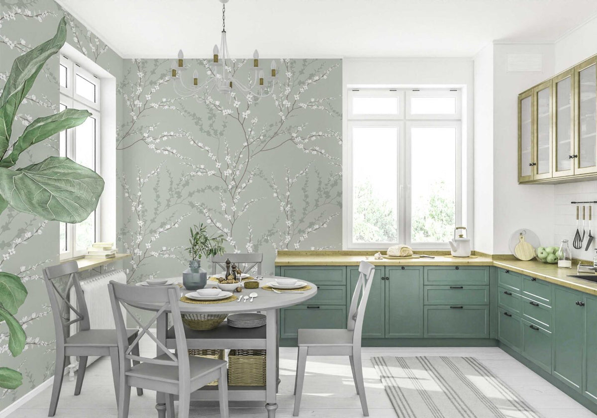 Sage Blossom Branch Wallpaper : Delicate Spring Pattern Mural - View 4