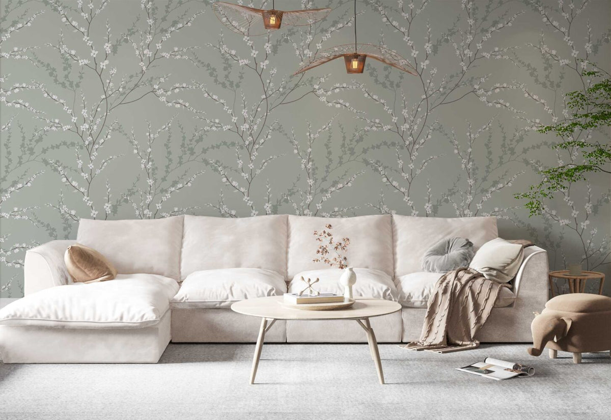 Sage Blossom Branch Wallpaper : Delicate Spring Pattern Mural