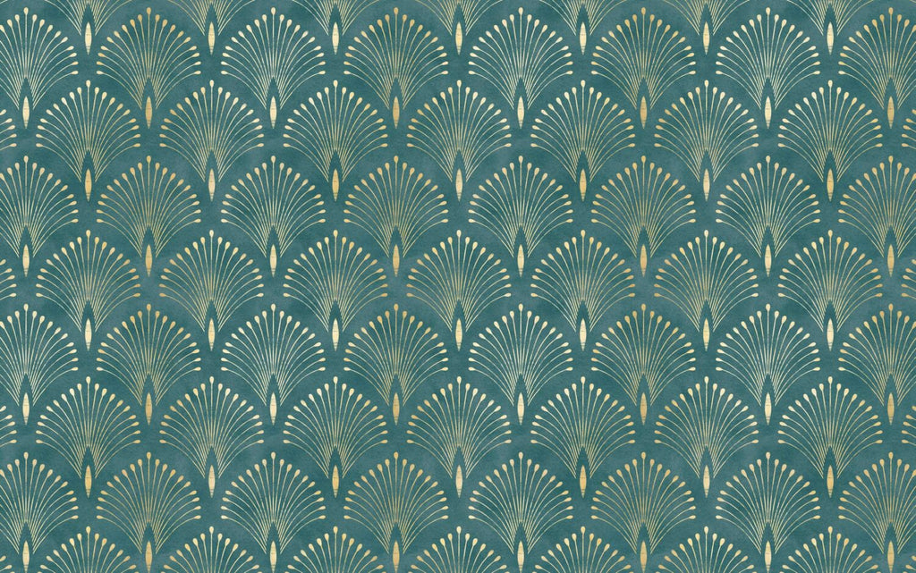 Teal Art Deco Wallpaper : Gold Fan Pattern Mural - flat design