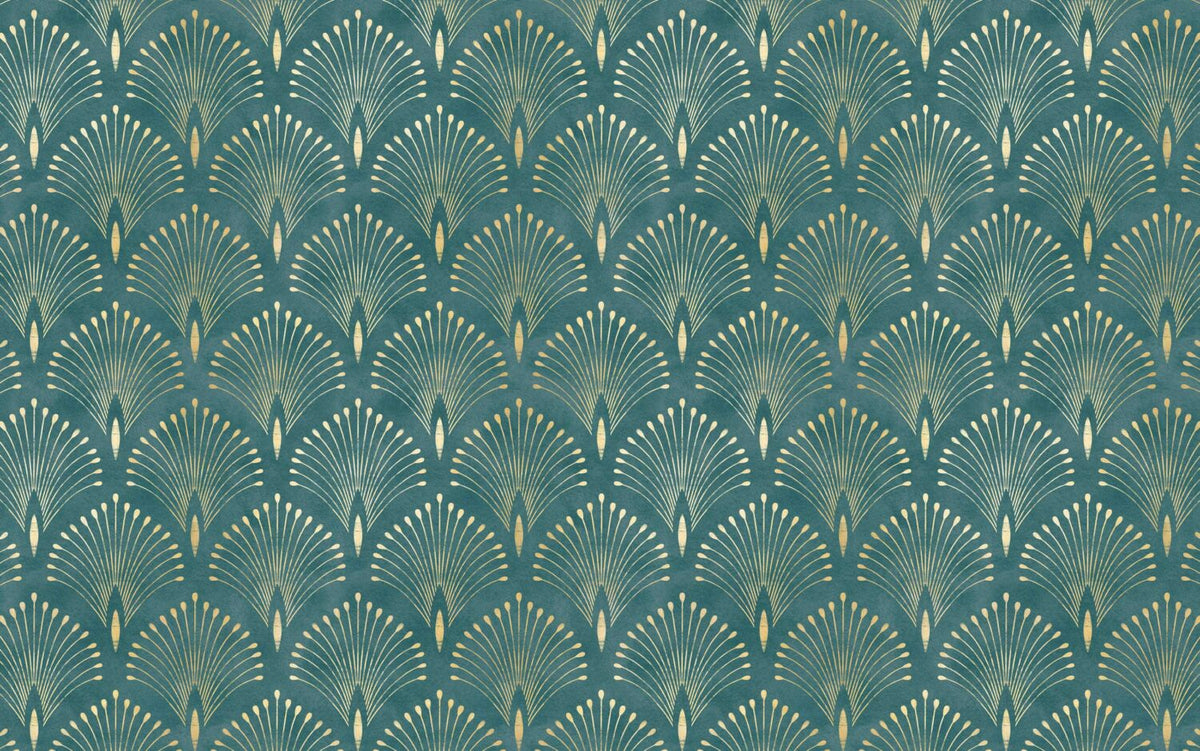 Teal Art Deco Wallpaper : Gold Fan Pattern Mural - flat design