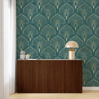 Teal Art Deco Wallpaper : Gold Fan Pattern Mural - View 2
