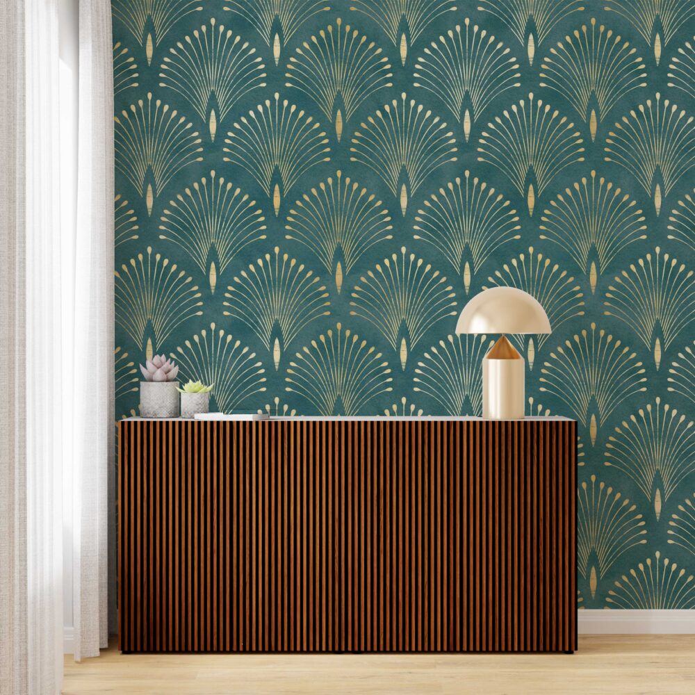 Teal Art Deco Wallpaper : Gold Fan Pattern Mural - View 2
