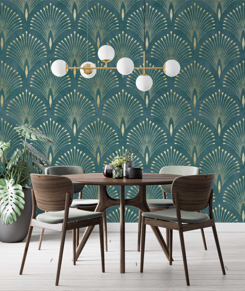 Teal Art Deco Wallpaper : Gold Fan Pattern Mural - View 3