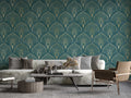 Teal Art Deco Wallpaper : Gold Fan Pattern Mural