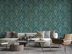 Teal Art Deco Wallpaper : Gold Fan Pattern Mural