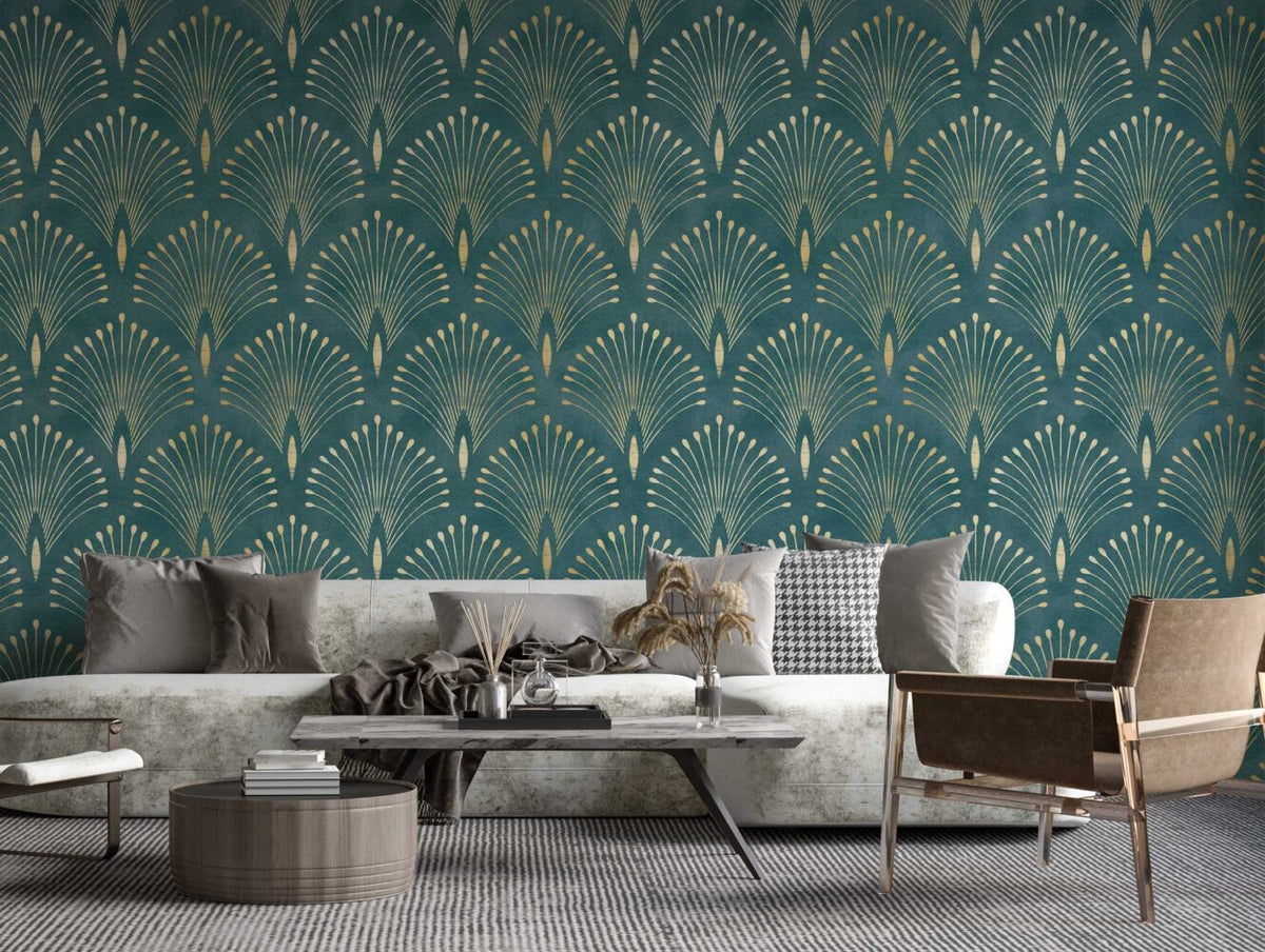 Teal Art Deco Wallpaper : Gold Fan Pattern Mural