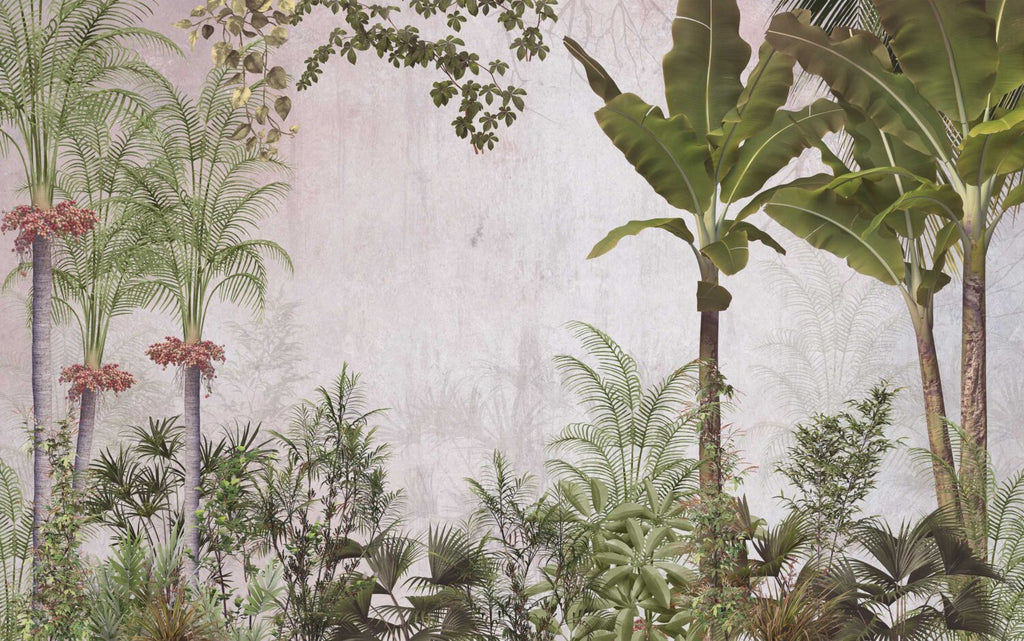 Banana and Palm Tree Wallpaper : Tropical Garden on Blush Mural - flat design