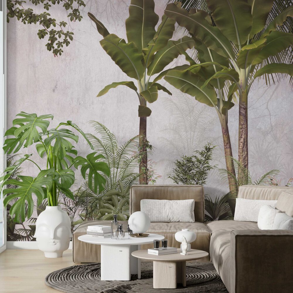 Banana and Palm Tree Wallpaper : Tropical Garden on Blush Mural - View 2