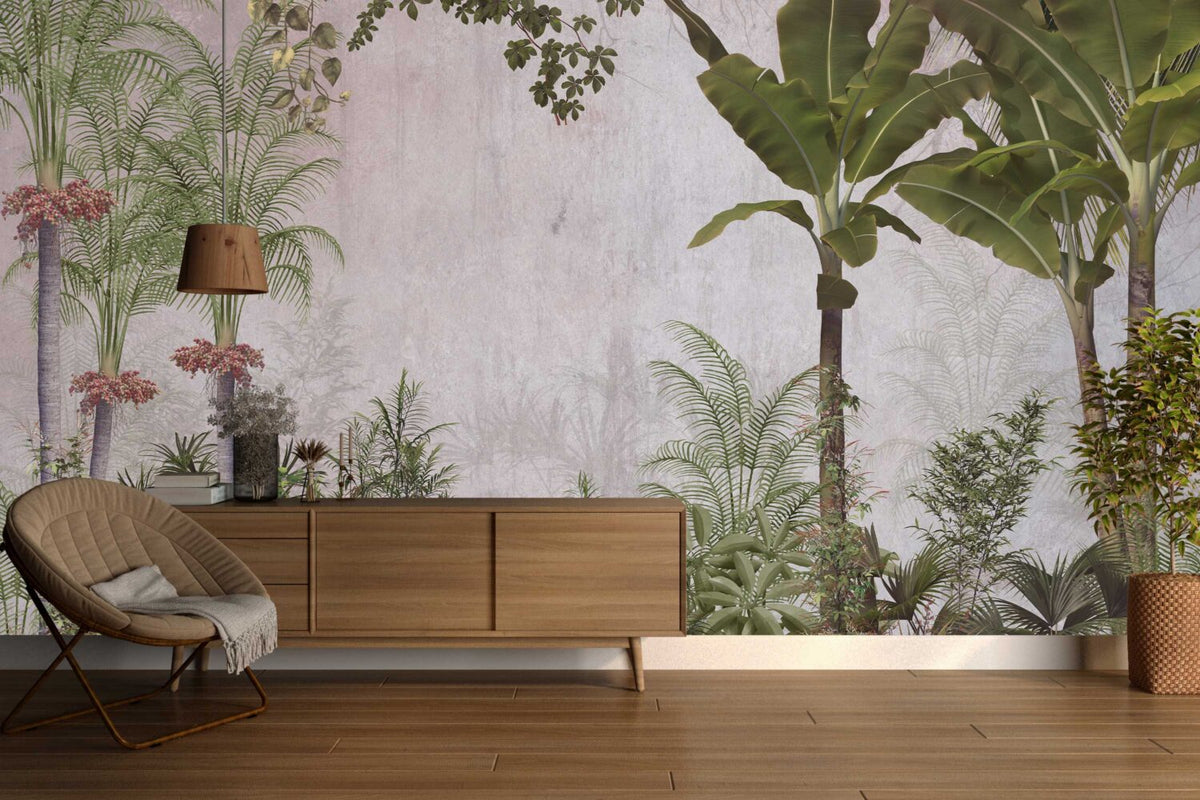 Banana and Palm Tree Wallpaper : Tropical Garden on Blush Mural - View 3