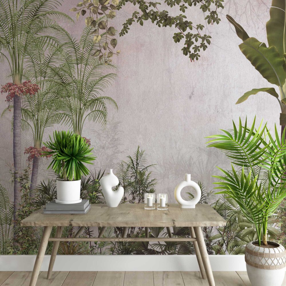 Banana and Palm Tree Wallpaper : Tropical Garden on Blush Mural
