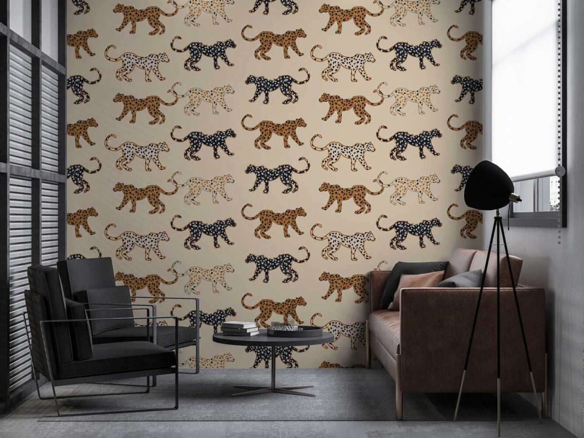 Retro Leopard Wallpaper : Spotted Cats on Sand Pattern Mural - View 2