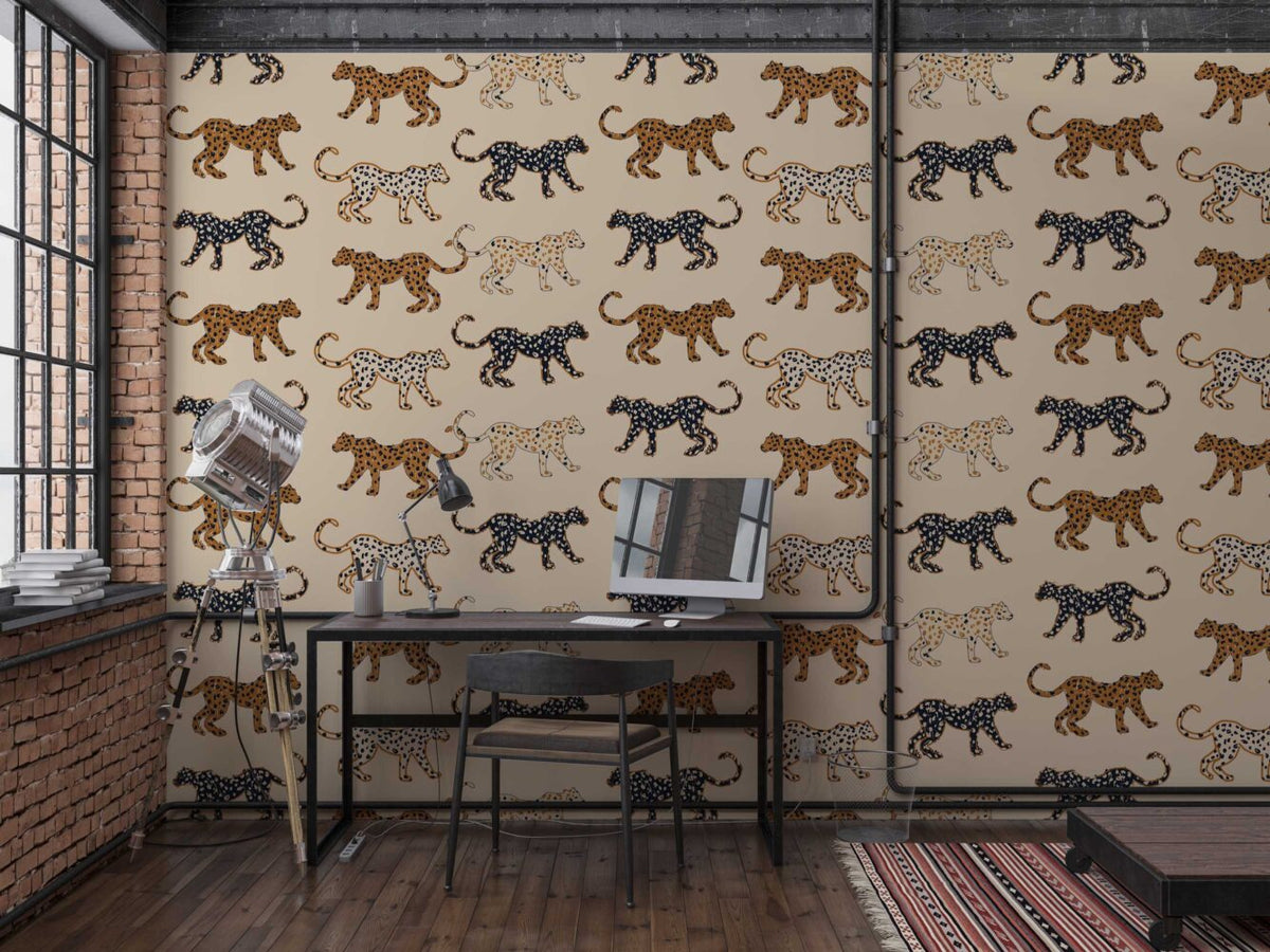 Retro Leopard Wallpaper : Spotted Cats on Sand Pattern Mural - View 3