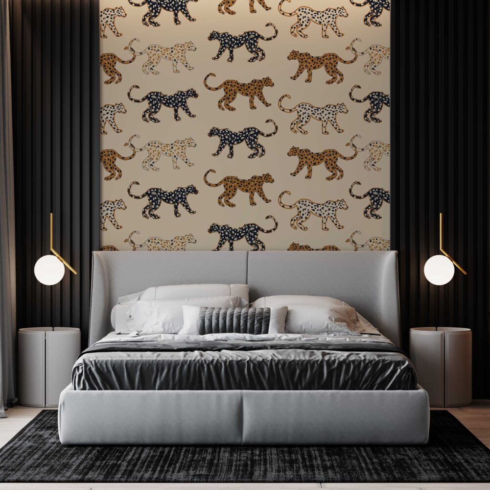 Retro Leopard Wallpaper : Spotted Cats on Sand Pattern Mural - View 4