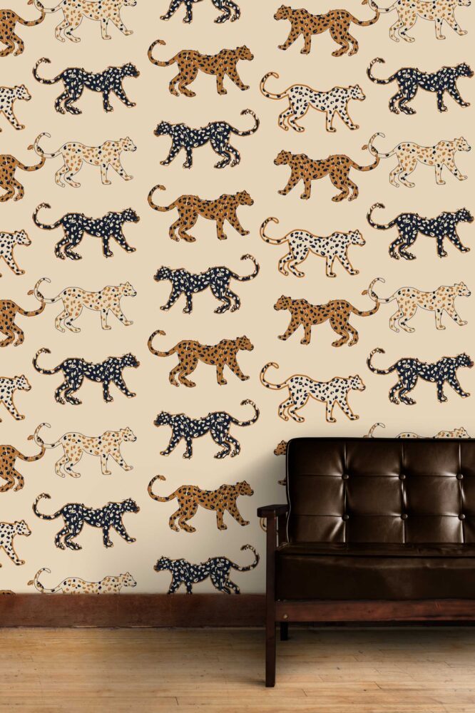 Retro Leopard Wallpaper : Spotted Cats on Sand Pattern Mural