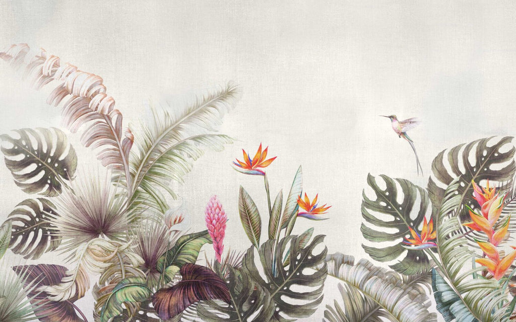 Monstera and Bird of Paradise Wallpaper : Tropical Plant Border Mural - flat design