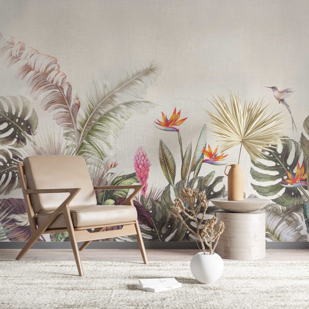 Monstera and Bird of Paradise Wallpaper : Tropical Plant Border Mural - View 2