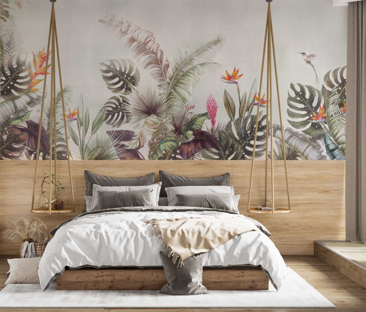 Monstera and Bird of Paradise Wallpaper : Tropical Plant Border Mural - View 3