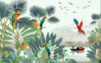 Parrot Paradise Wallpaper : Macaws and Tropical Lake Mural - flat design