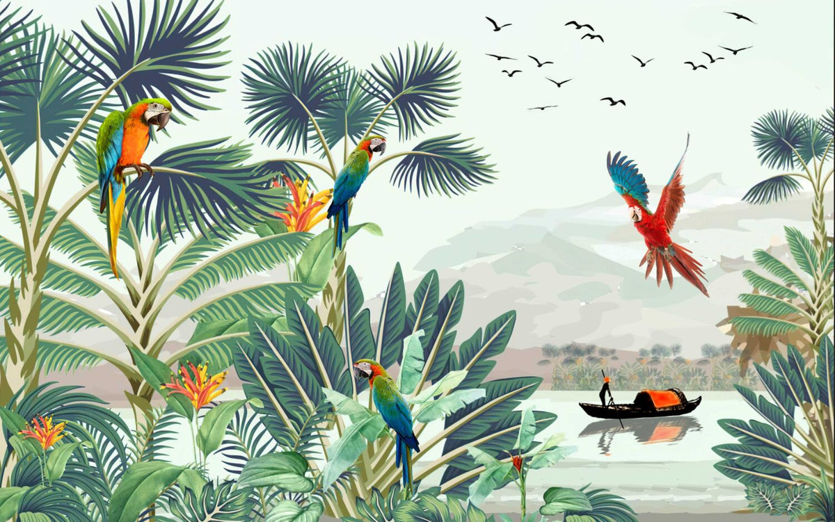 Parrot Paradise Wallpaper : Macaws and Tropical Lake Mural - flat design