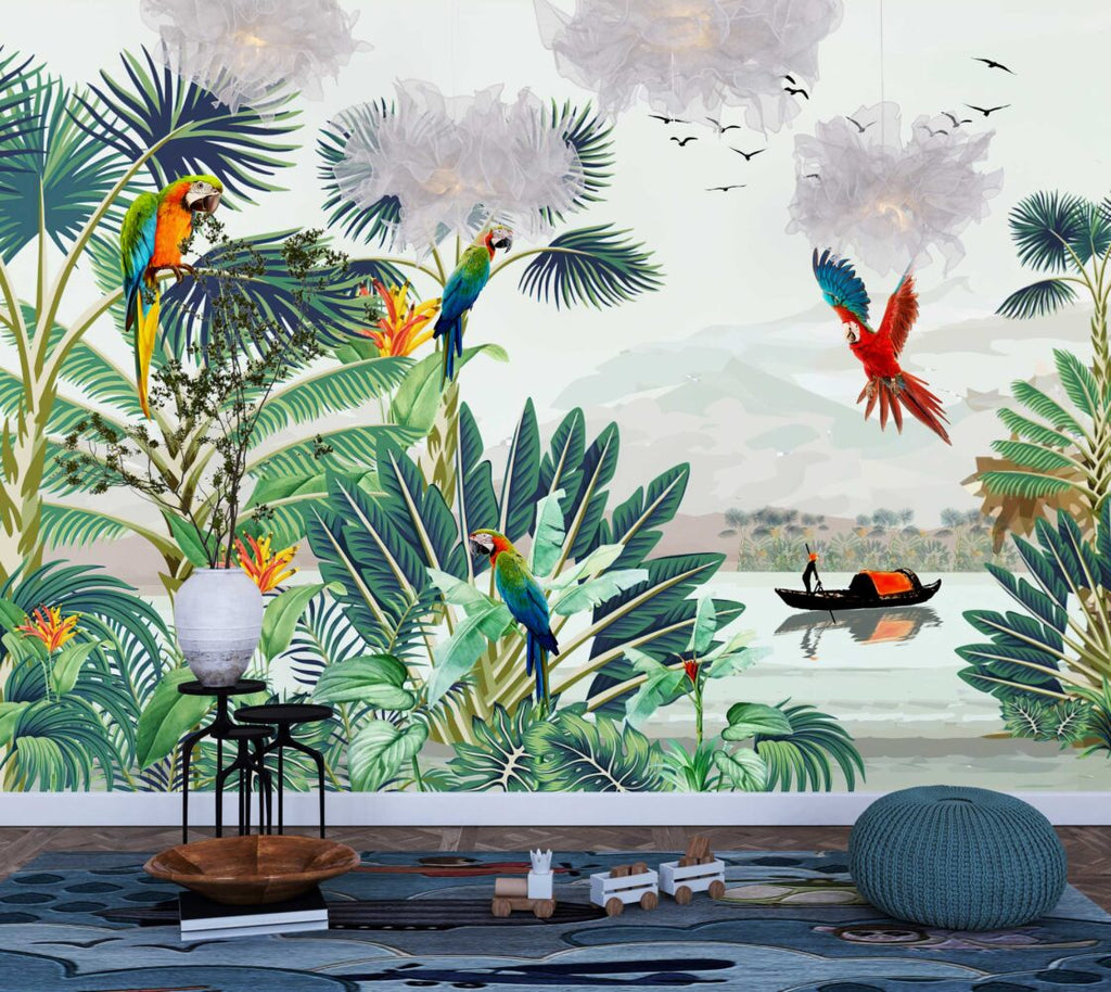 Parrot Paradise Wallpaper : Macaws and Tropical Lake Mural - View 2