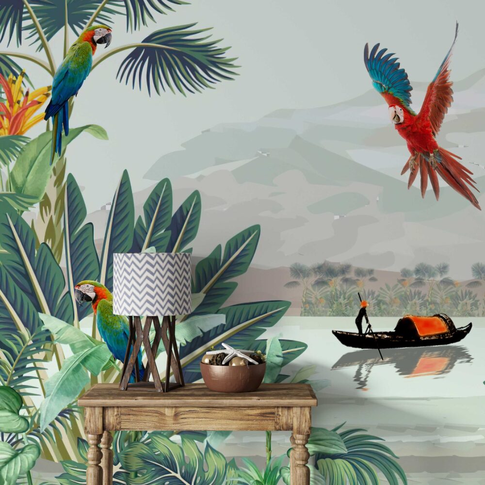 Parrot Paradise Wallpaper : Macaws and Tropical Lake Mural - View 3
