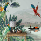 Parrot Paradise Wallpaper : Macaws and Tropical Lake Mural - View 3